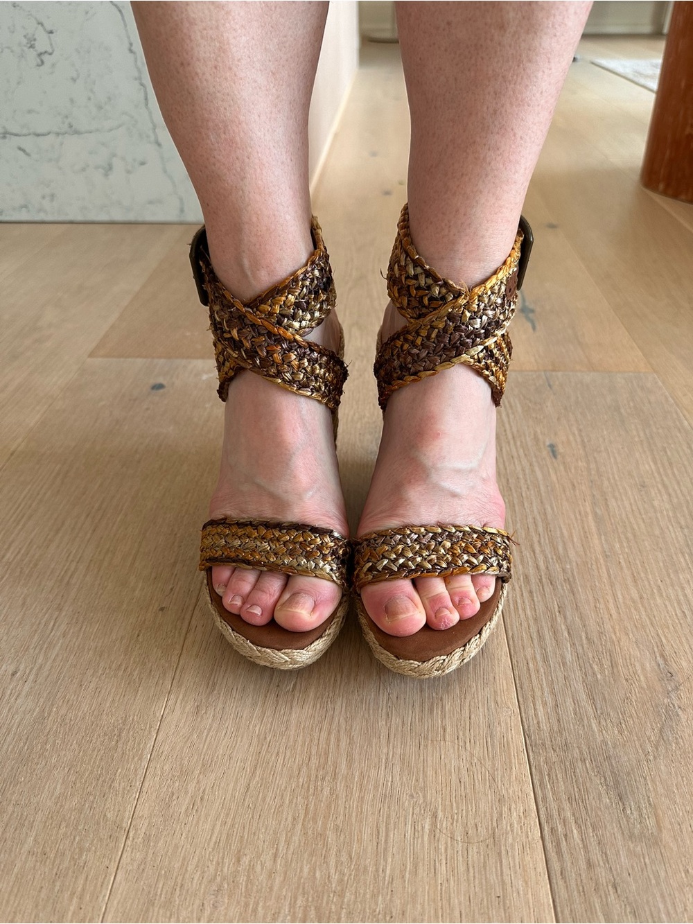 Stuart Weitzman Braided Raffia & Leather Wedge Sandals